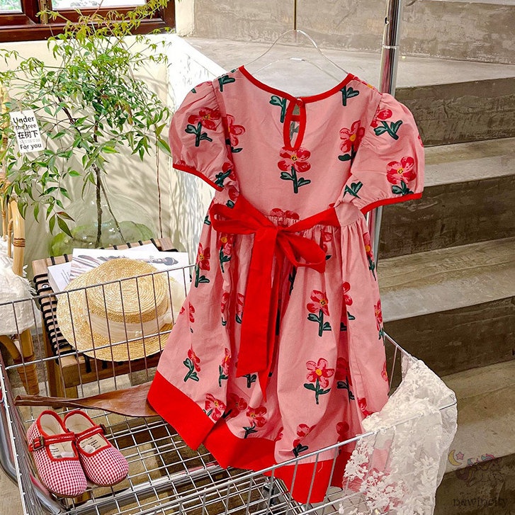 Đầm Công Chúa Tay Phồng Thắt Nơ In Họa Tiết Hoa Phong Cách Hàn Quốc Thời Trang Mùa Hè Cho Bé Gái