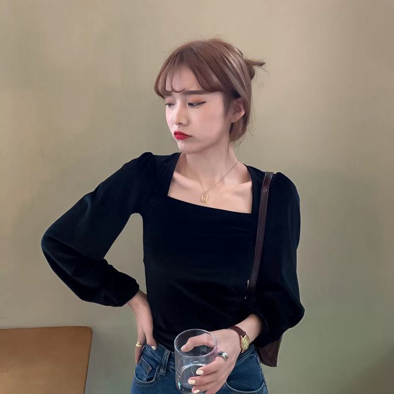 Áo Kiểu Nữ Velvet Square Neck Bubble Sleeve Slim Long Sleeve Women's New Korean Tops Fashion