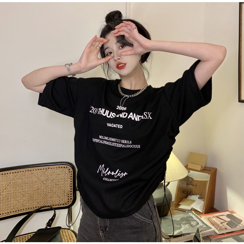 Áo Thun Tay Ngắn In Chữ Phối Dây Rút Thời Trang Cá Tính