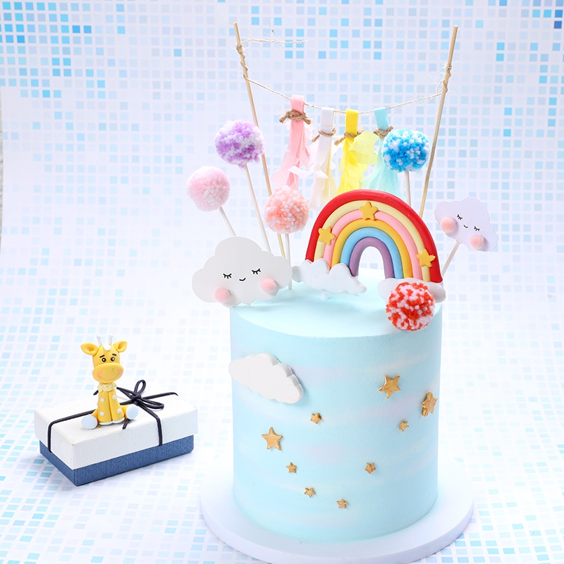Set Que Trang Trí Bánh Sinh Nhật Hình Cầu Vồng Mặt Cười Dễ Thương