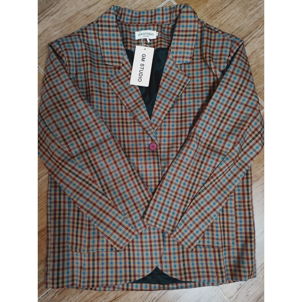 (Hàng dày Đẹp)Ảnh thật 4 hình cuối-2W26.Áo blazer kẻ caro vintage phong cách Hàn Quốc