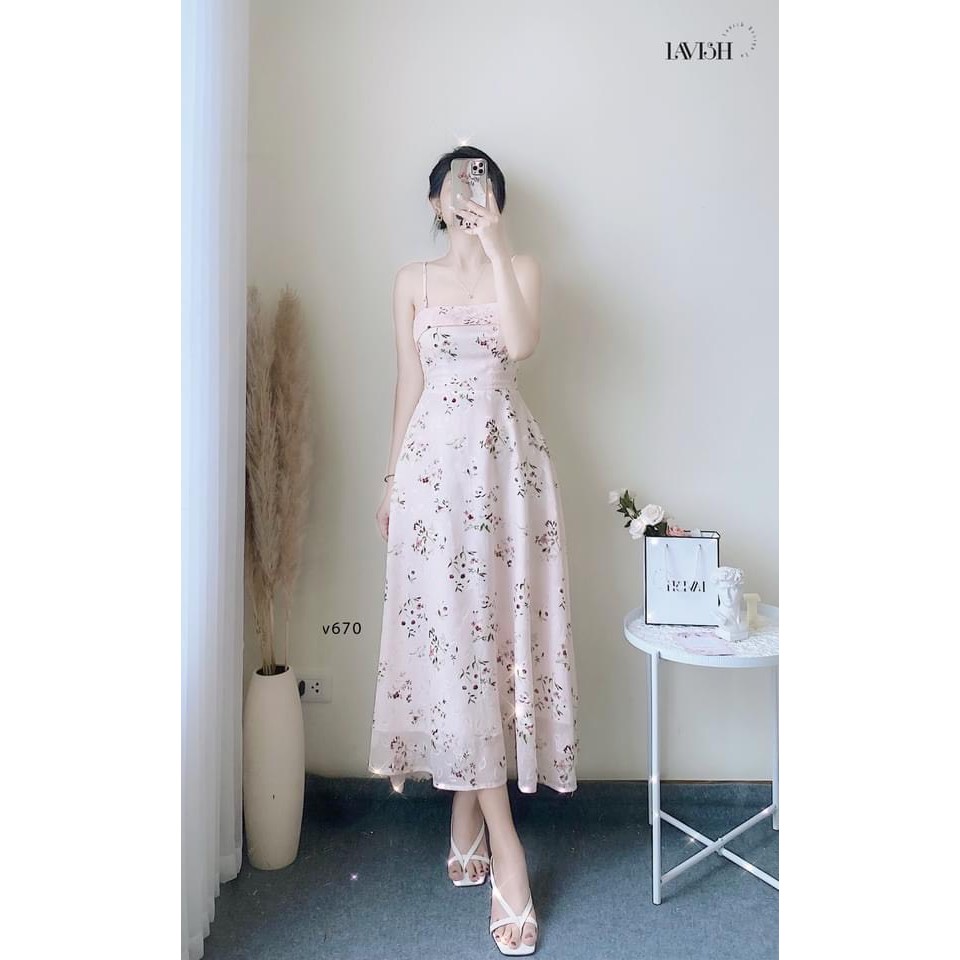 Váy 2 dây nữ hoa nhí cúp ngực xòe dài gam hồng cực xinh DK165 | BigBuy360 - bigbuy360.vn