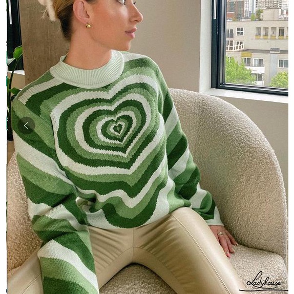 Áo Sweater Dệt Kim Chui Đầu Cổ Tròn Tay Dài In Hình Trái Tim Thời Trang Thu Đông Cho Nữ
