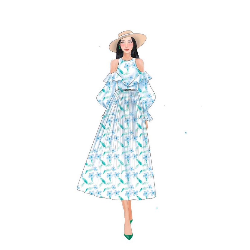 Đầm maxi dài hở vai cổ yếm váy nữ vải tơ hoạ tiết hoa in thiết kế mặc đi chơi du lịch biển nghỉ mát resort dự tiệc