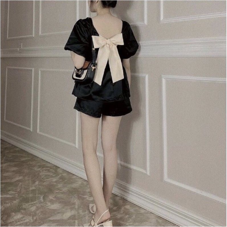 Bộ ngủ babydoll tay bồng kèm quần buộc nơ lưng xinh xắn dạo phố- Sét áo babydoll chất đũi mát kèm quần xinh xắn 3 màu