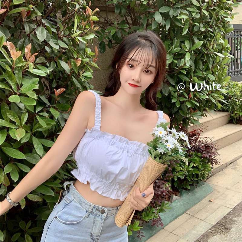 Áo hai dây croptop dúm chất đũi cực xinh 2 màu