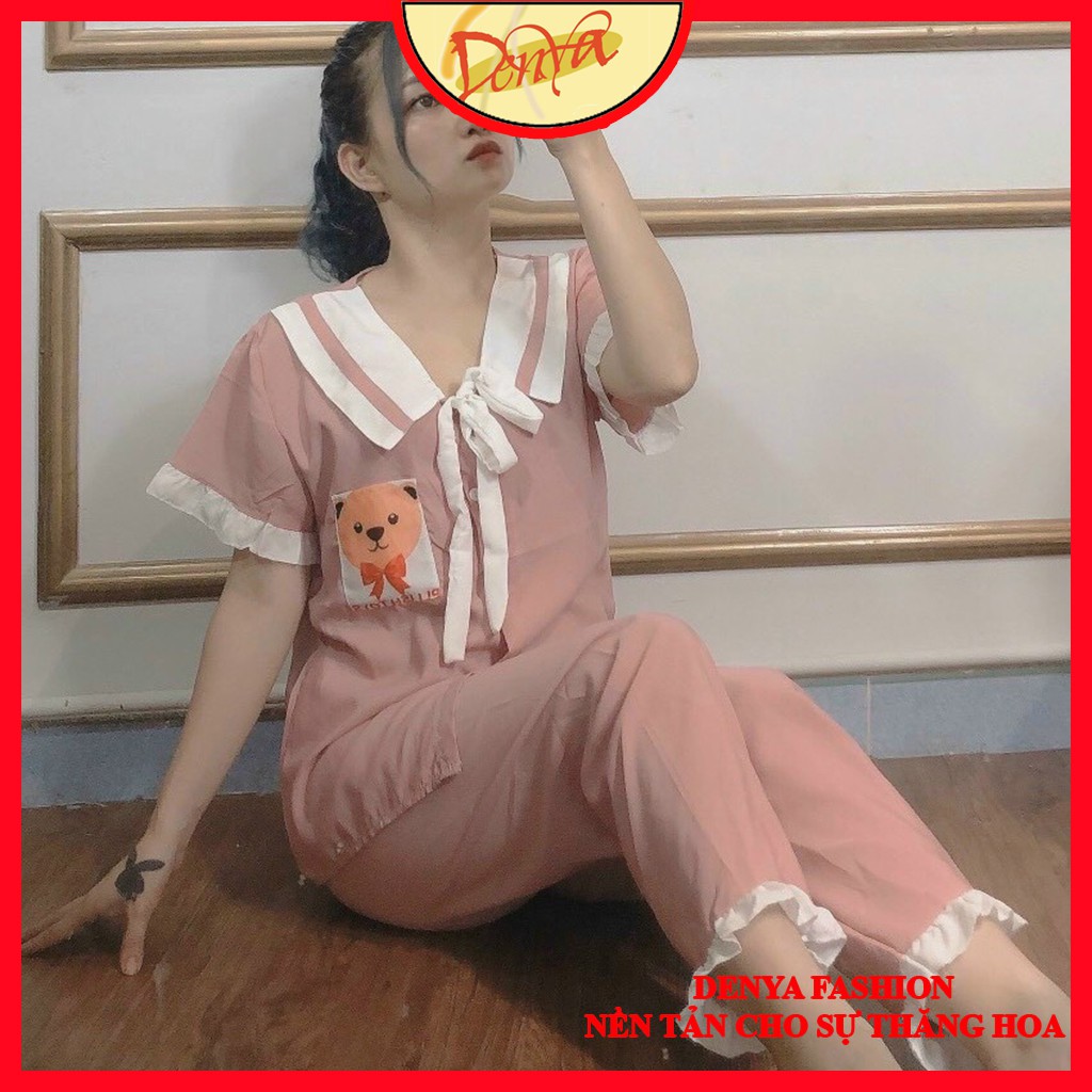 Bộ ngủ tiểu thư mặc nhà cổ bèo thắt nơ, quần dài sang chảnh DB12
