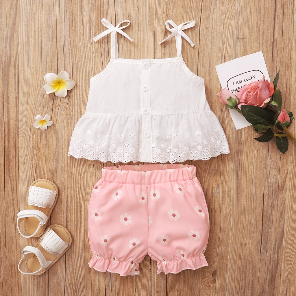 Set đồ 2 món Mikrdoo áo hai dây phối ren + quần ngắn xinh xắn cho bé gái