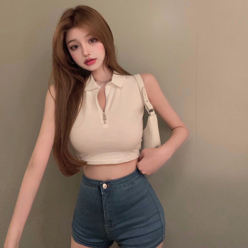 Áo Croptop Dệt Kim Sát Nách Phối Khóa Kéo Trước Thời Trang Mùa Hè Quyến Rũ Cho Nữ