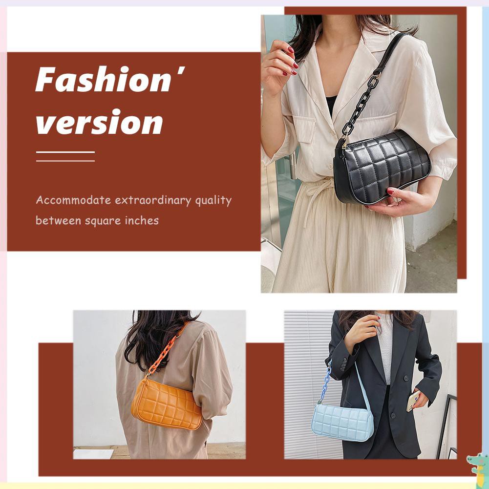 Ready Retro Women Plaid Pattern Pure Color PU Shoulder Underarm Bag Chain Handbag