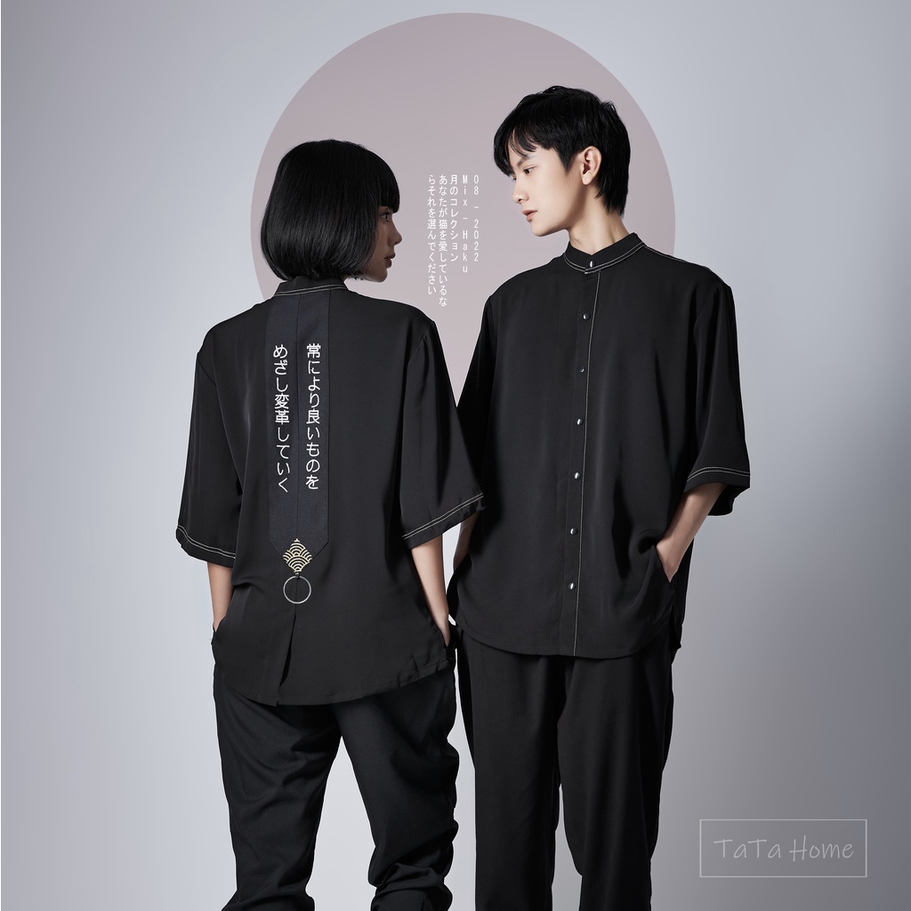 Áo Sơ Mi Đen Cổ Trụ Unisex Nam Nữ - Áo Mix Haku