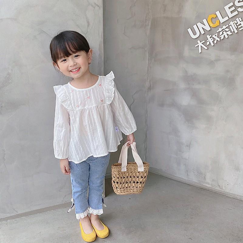 Áo tay dài cổ tròn màu trơn thêu trang trí dành cho bé gái