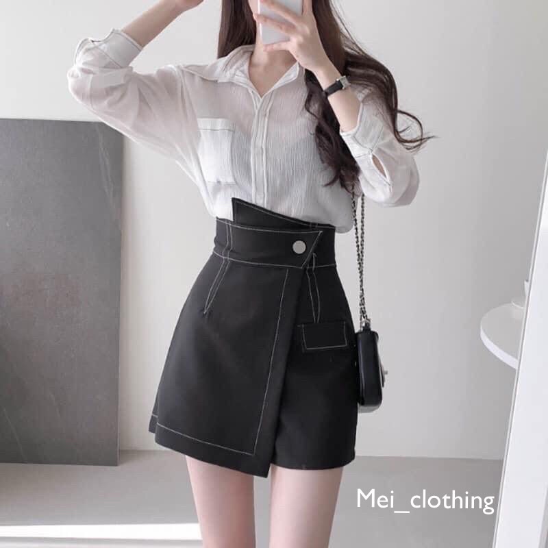 Chân váy viền chỉ cạp lệch ulzzang/ chân váy cạp cao trắng/đen