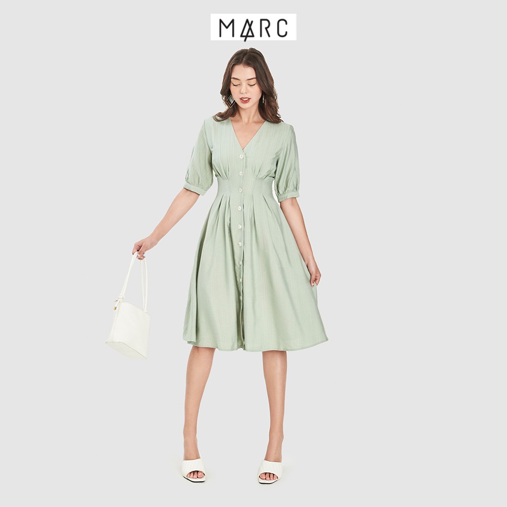 Đầm nữ MARC FASHION midi nhấn ly eo cái nút trước