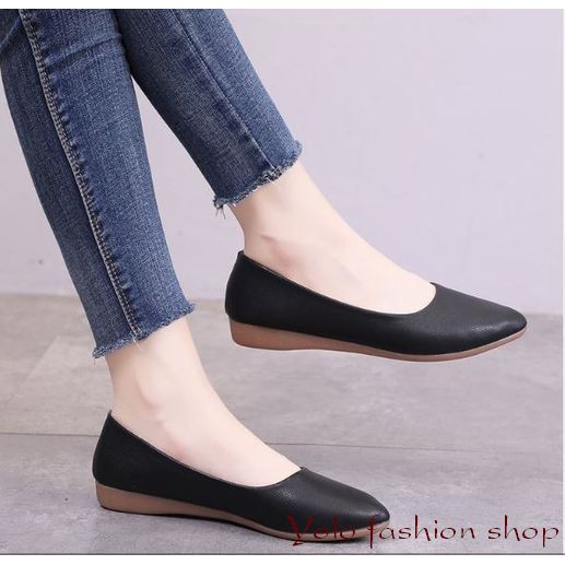 Giày búp bê nữ mũi nhọn da mềm giản dị đế 2cm cực êm chân -Kèm hình thật