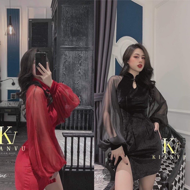 Đầm nhung tay lưới phồng cổ tàu xẻ tà chất vải nhung cao cấp - T5B