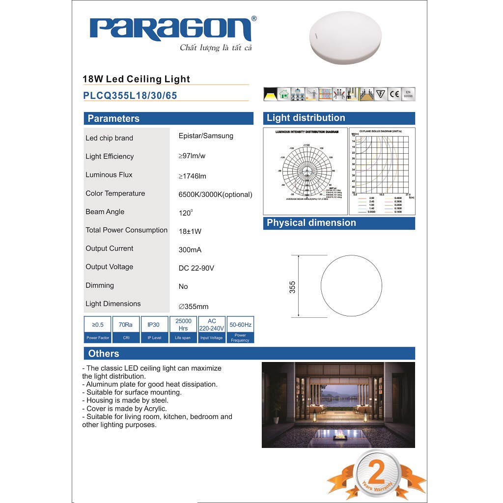 Đèn LED Ốp Trần Paragon PLCQ355L18 – 18W - Ánh Sáng Vàng/ Trung Tính/ Trắng. Hàng Chính Hãng - HIBUDDY