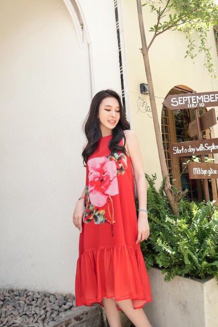 ĐẦM SUÔNG IN HOA TÙNG PHỐI BÈO