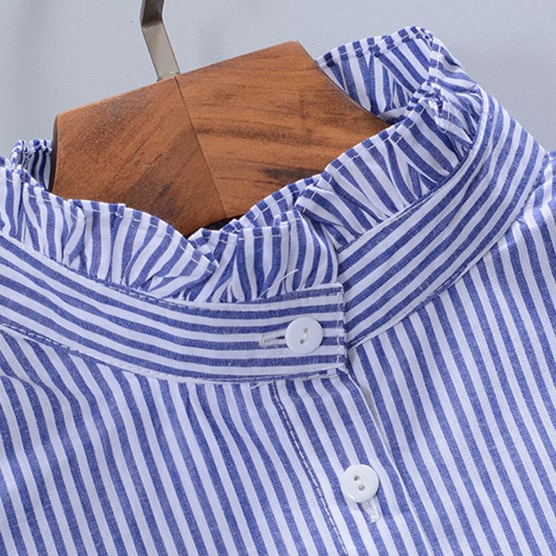 Yoioi Áo Sơ Mi Denim Kẻ Sọc Cổ Ren Giả Cà Vạt Có Thể Tháo Rời Vintage Thời Trang Nữ