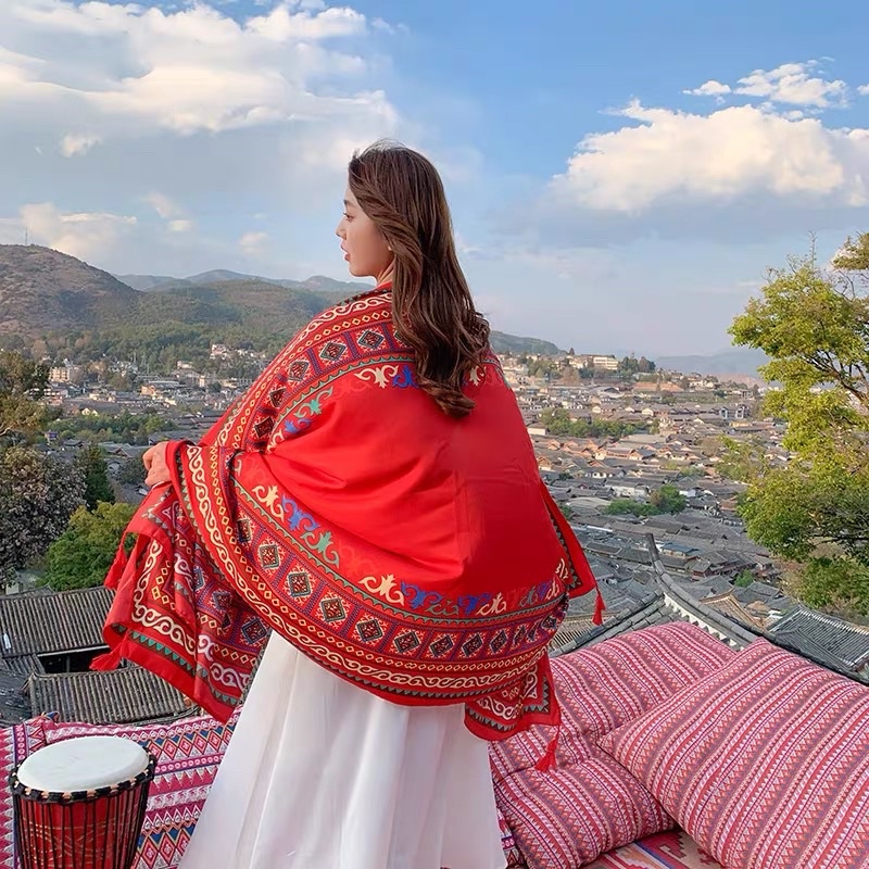 [Khăn Loại 1] Khăn Choàng Boho Đi Biển Hoạ Tiết Thổ Cẩm Nền Đỏ Rực Rỡ