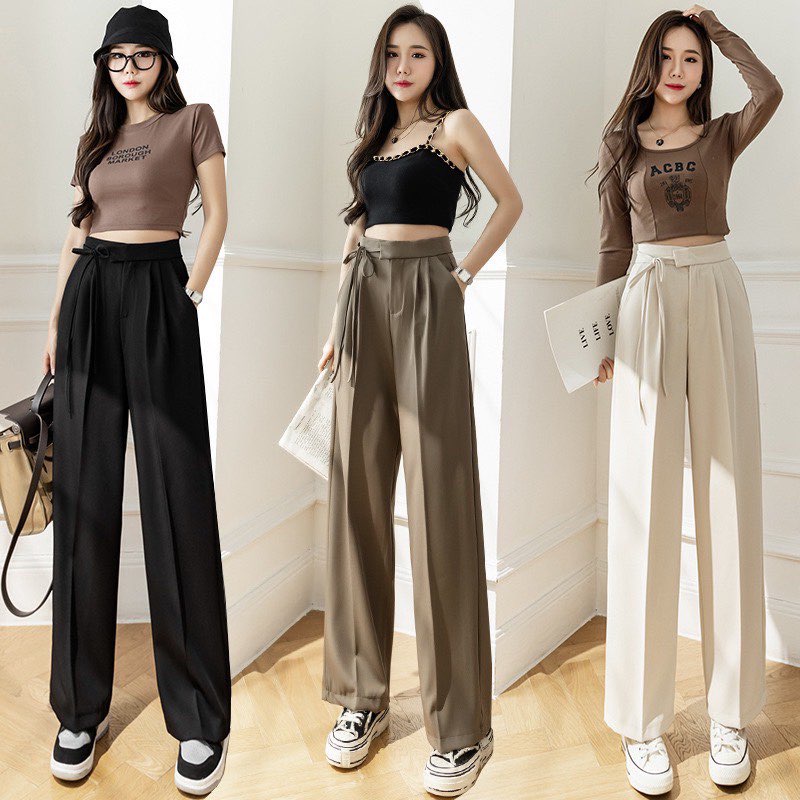 Quần ống rộng nữ lưng cao thắt dây nơ 1 bên kiểu quần culottes ống suông dài mặc đi học đi làm cực đẹp