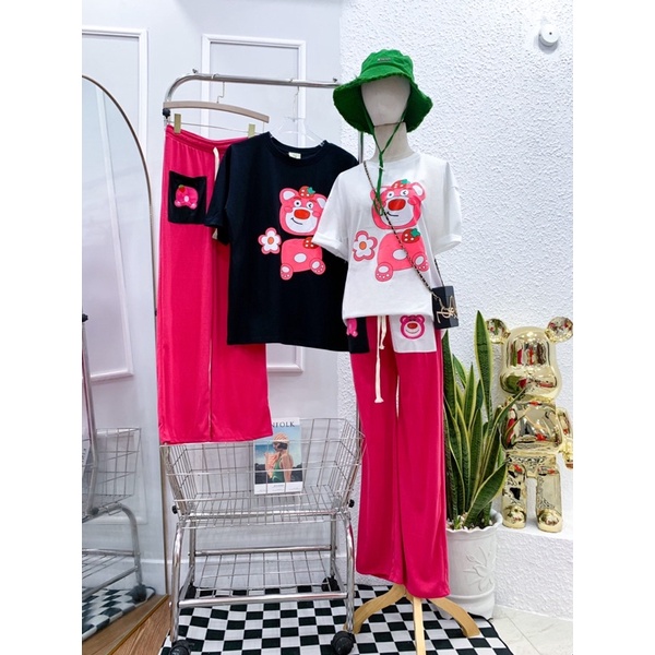 Set áo cotton gấu quần thêu gấu túi xinh xắn hình thật