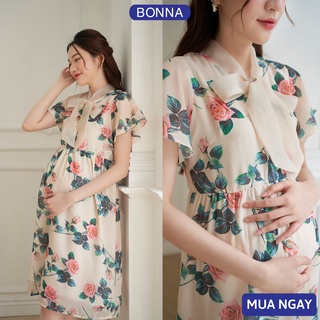Đầm bầu công sở BONNA dáng suông phối hoa hồng sang trọng, chất vải tơ lót lụa mềm mát, tay cánh tiên dịu dàng V966