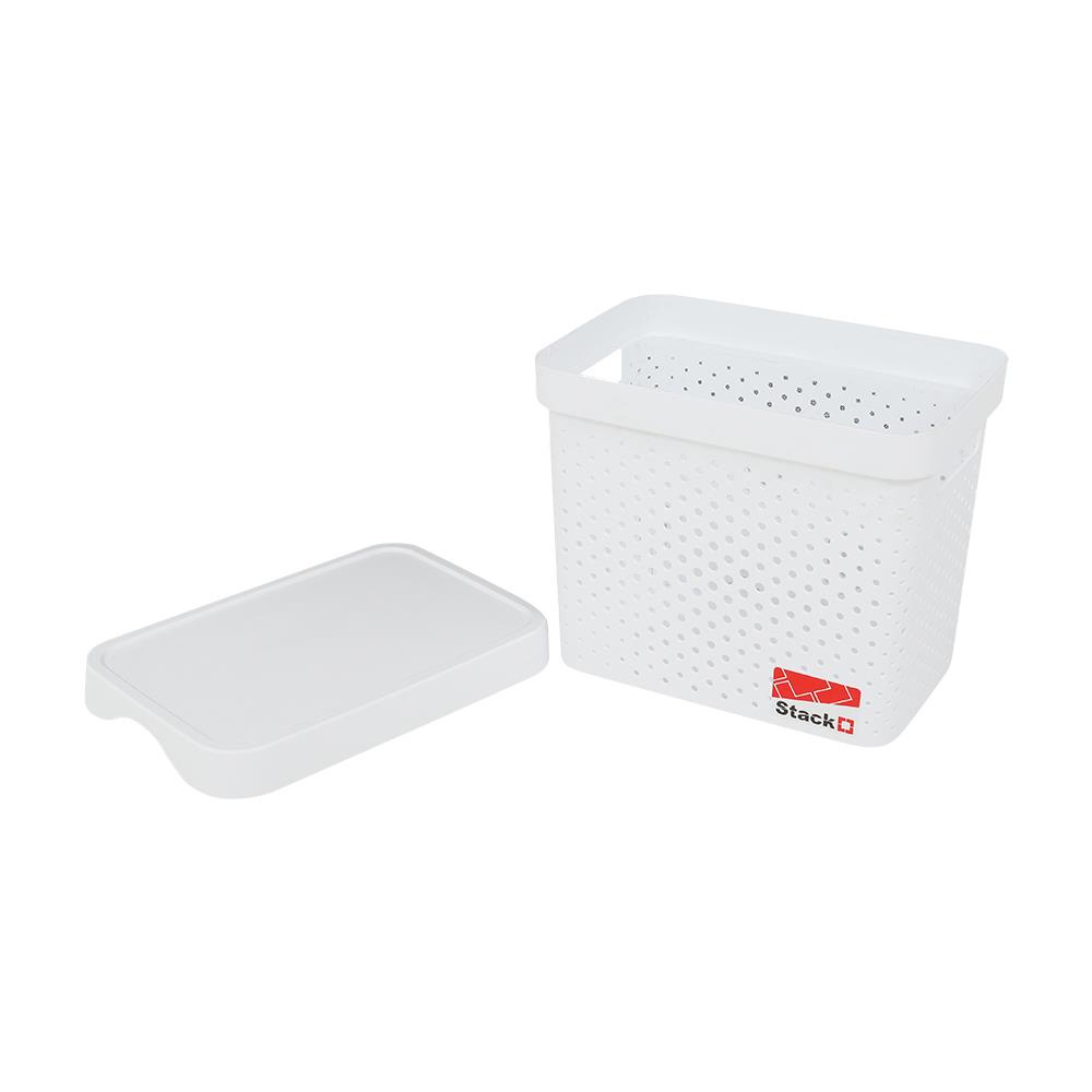 HomeBase STACKO Rổ nhựa đan tre có nắp size M Thái Lan R25xS22xC31.6cm màu trắng