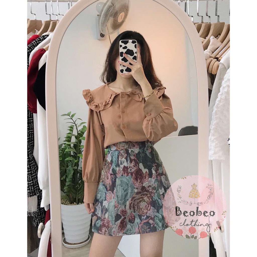 Set áo cổ sen tay phồng kèm chân váy hoa chữ A vintage