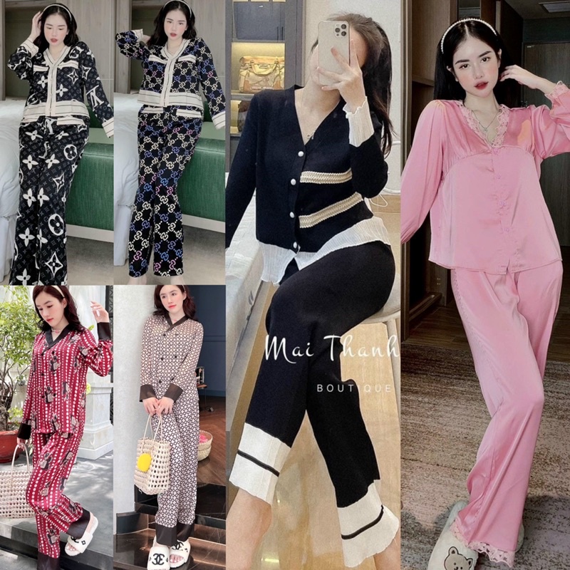 Set bộ pijama mặc nhà Lụa Latin - Lụa Xước cổ lam chữ V tay dài quần dài hot trend thiết kế cai cấp cho bạn nữ dưới 62kg