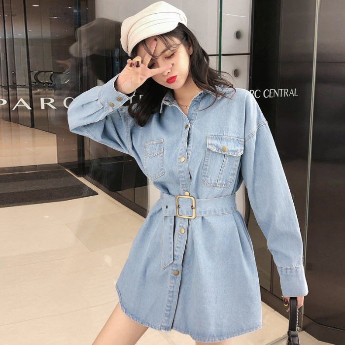 Váy Bò Denim Phong Cách Giấu Quần Kèm Đai Thắt Lưng