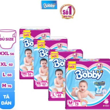 [TẶNG 8 TÃ] Tã dán Bobby siêu thấm - khô thoáng M76/L68/XL62