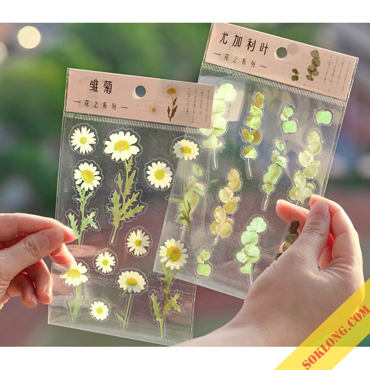 Sticker hoa lá Vintage trang trí, miếng nhán dãn hình hoa lá dán sổ, điện thoại Tuệ Minh