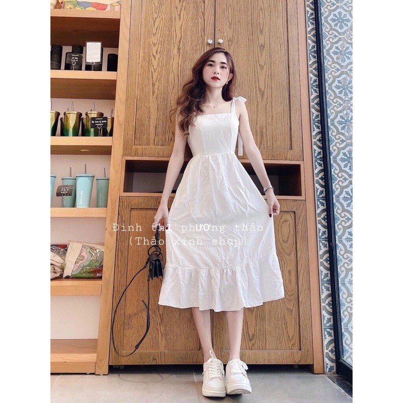 Đầm 2 dây cột nơ vai chất vải đũi