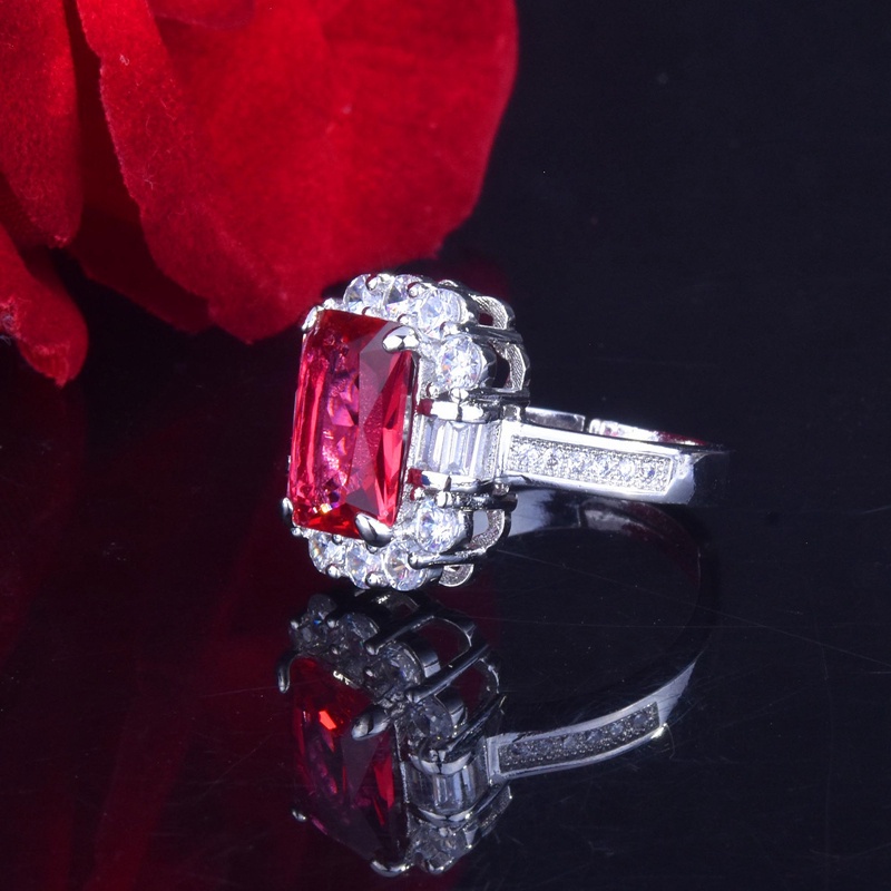 Nhẫn đính hôn màu bạc đính đá zircon đỏ hình vuông sang trọng có thể điều chỉnh kích thước dành cho nữ
