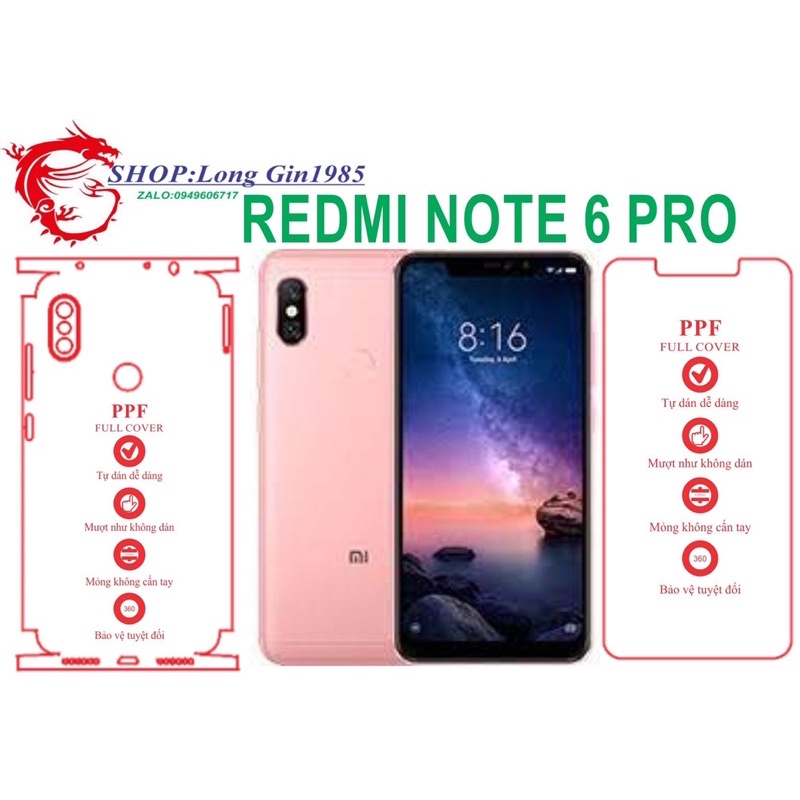 Redmi Note 6Pro miếng dán trong Ppf mặt sau và mặt trước chống va đập chống trầy xước