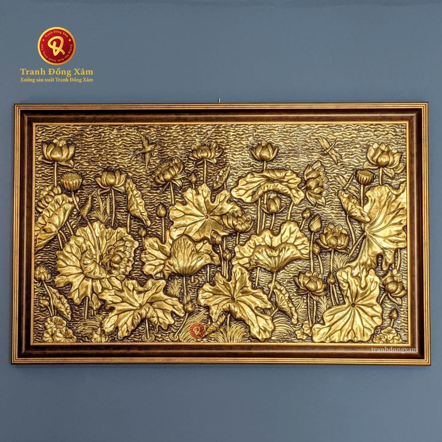 Tranh Hoa Sen Bằng Đồng Nền Giả Cổ Khung Đồng Decor