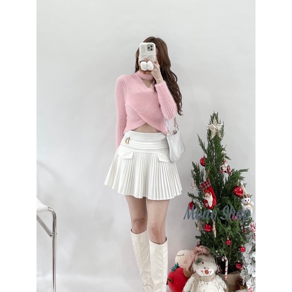 Áo len lông thỏ vạt chéo cổ choker  dáng croptop chất len lông siêu mịn Ảnh thật/ sẵn