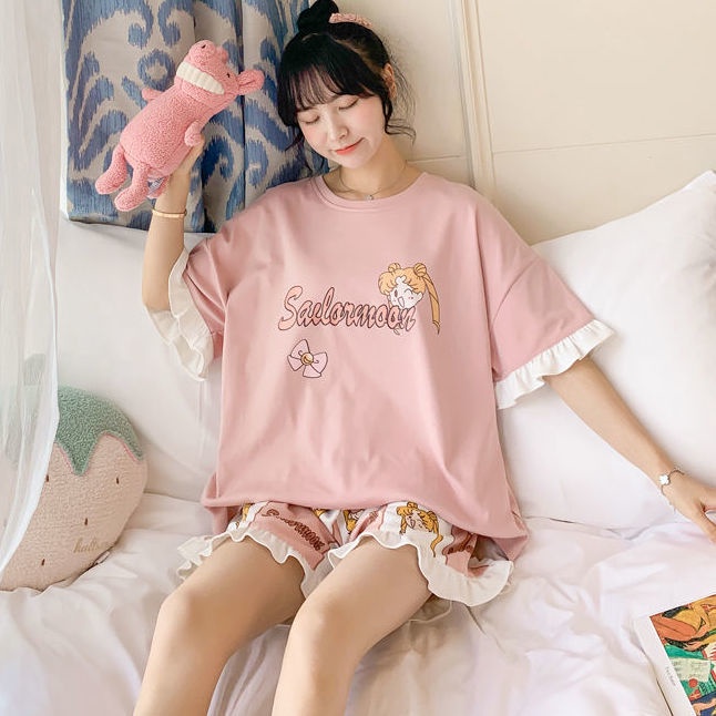 Bộ đồ ngủ tay ngắn và quần ngắn phong cách Nhật Bản dễ thương thời trang mùa hè cho nữ