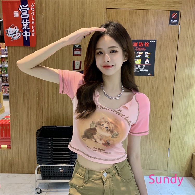 Plus Áo Croptop Tay Ngắn Cổ Chữ V In Hình Mèo Phong Cách Vintage Thời Trang Mùa Hè Cho Nữ Có Size Lớn