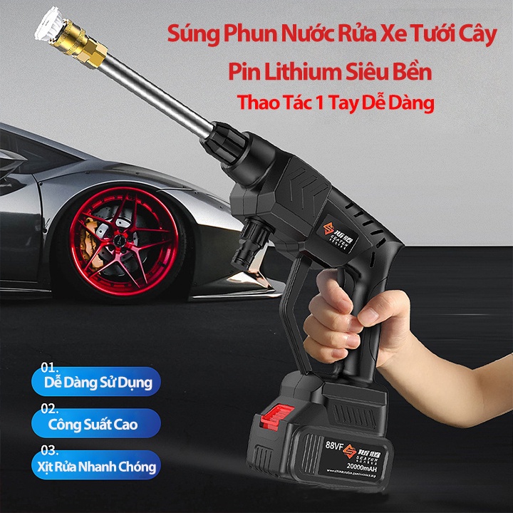 Máy Rửa Xe Áp Lực Cao Dùng PIN SẠC Lithium 48V, Kèm Dây Dài 5m - Súng Rửa Xe Mini Tặng Kèm Vali Phụ Kiện