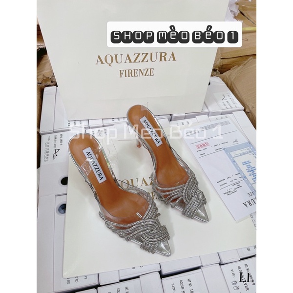 Sandal mica mũi nhọn gắn đá đan chéo gót nhọn fullbox hàng quảng châu cao cấp