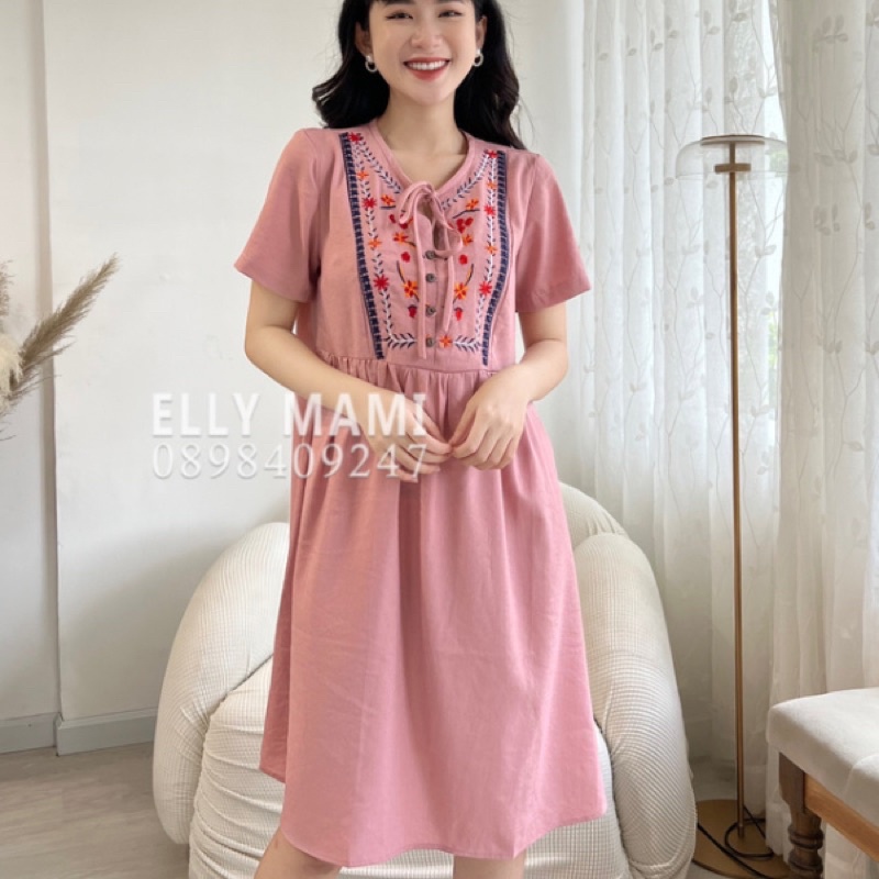 ( 40kg - 95kg ) Đầm Bầu , Đầm Suông Đũi Hoa Thêu Ngực Ngắn Tay Thiết Kế Cao Cấp ( Kèm Ảnh Thật )