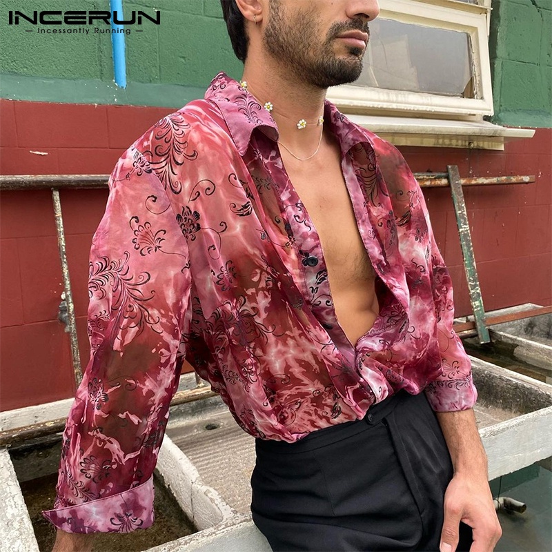 INCERUN Áo Lưới Tay Dài In Họa Tiết Có Nút Gài Thời Trang Đi Biển Cho Nam
