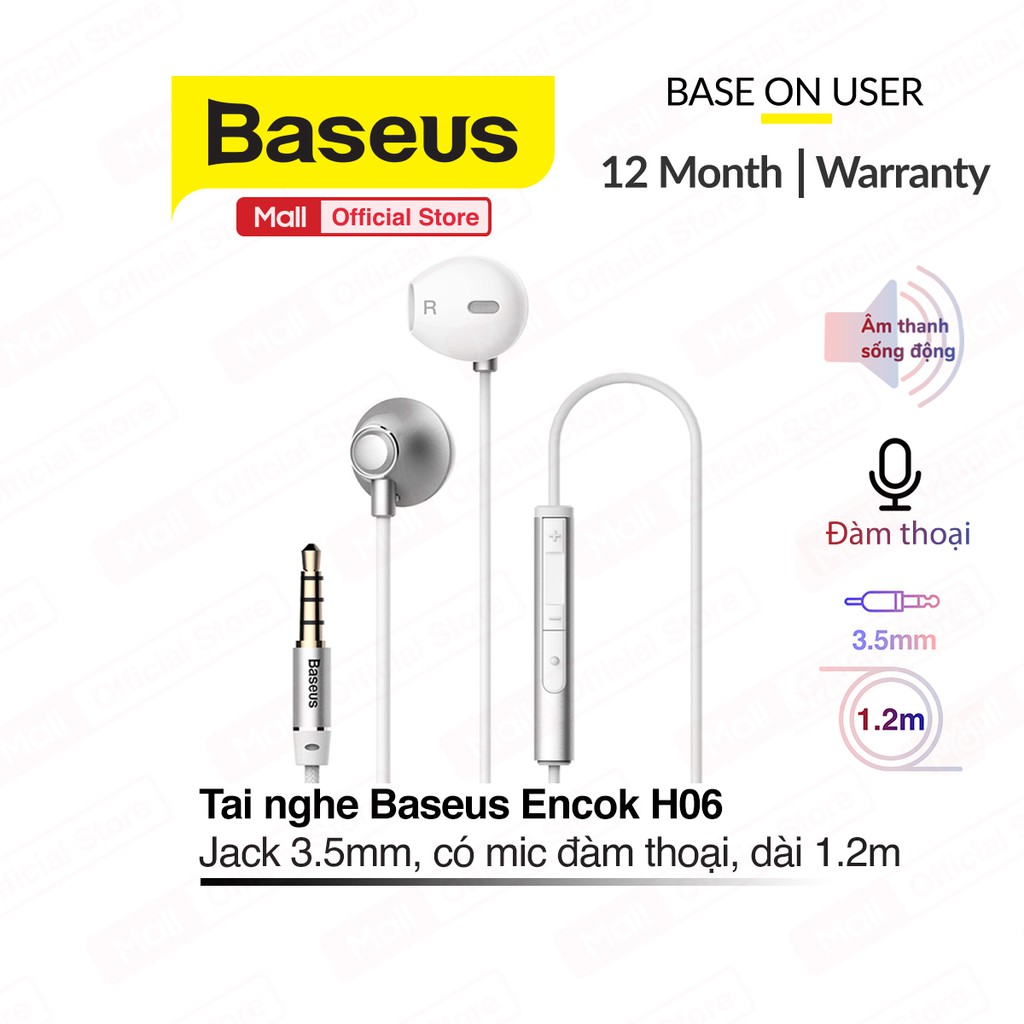 Tai nghe Baseus Encok H06 jack cắm tiêu chuẩn 3.5mm, âm thanh sống động, dây TPE phối vải dệt đẹp mắt, dài 1.2m