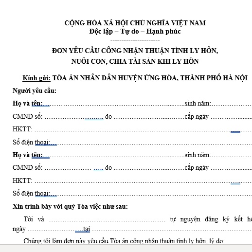 Mẫu đơn ly hôn thuận tình Tòa án nhân dân huyện Ứng Hòa, Hà Nội + bản hướng dẫn viết đơn ly hôn, hồ sơ ly hôn