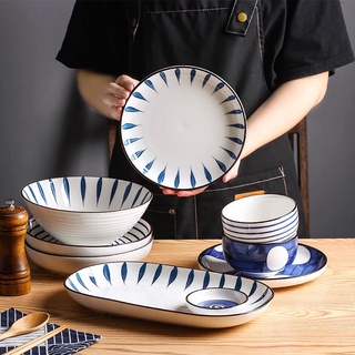 Bộ bát đĩa xanh lam bốn hoạ tiết, bát đĩa phong cách Nhật, bát đĩa decor