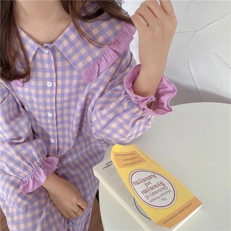 BN7_Bộ ngủ pijama, bộ đồ mặc nhà kẻ vàng vuông cổ bèo ulzzang Hàn quốc