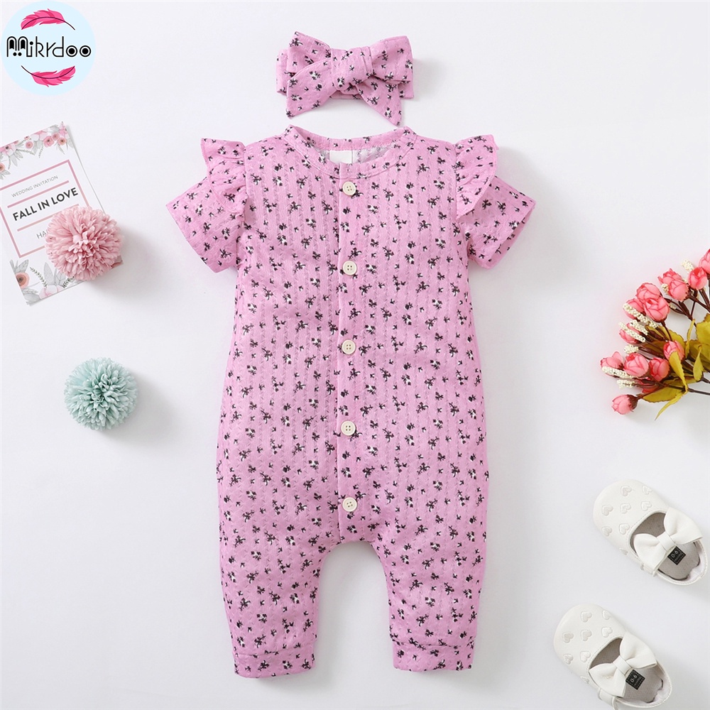 Bộ đồ MIKRDOO gồm áo liền quần in hoa xinh xắn và băng đô dành cho trẻ em 0-18 tháng tuổi