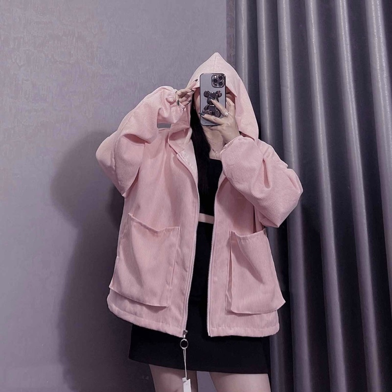 Áo khoát nhung túi hộp HOTTREND chất nhung tăm Ulzza 2 lớp thiết kế nón rộng có dây rút gấu